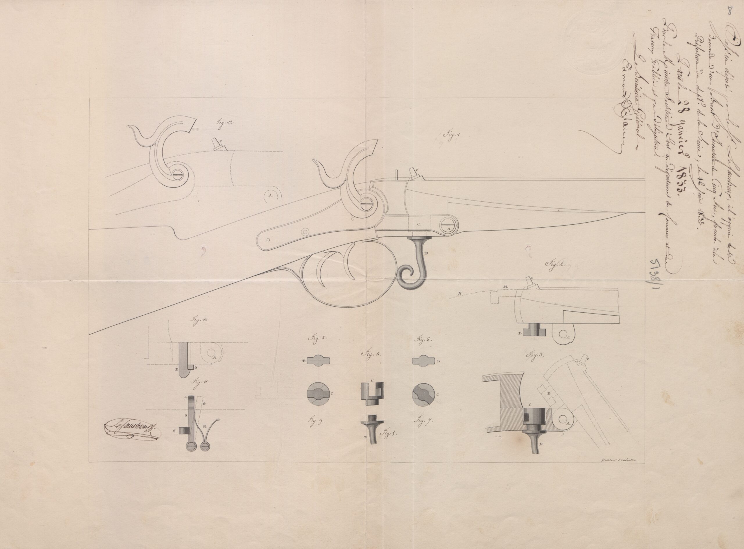 Casimir Lefaucheux’s Breech-Loading Firearm Patent, No. 5138, 1832