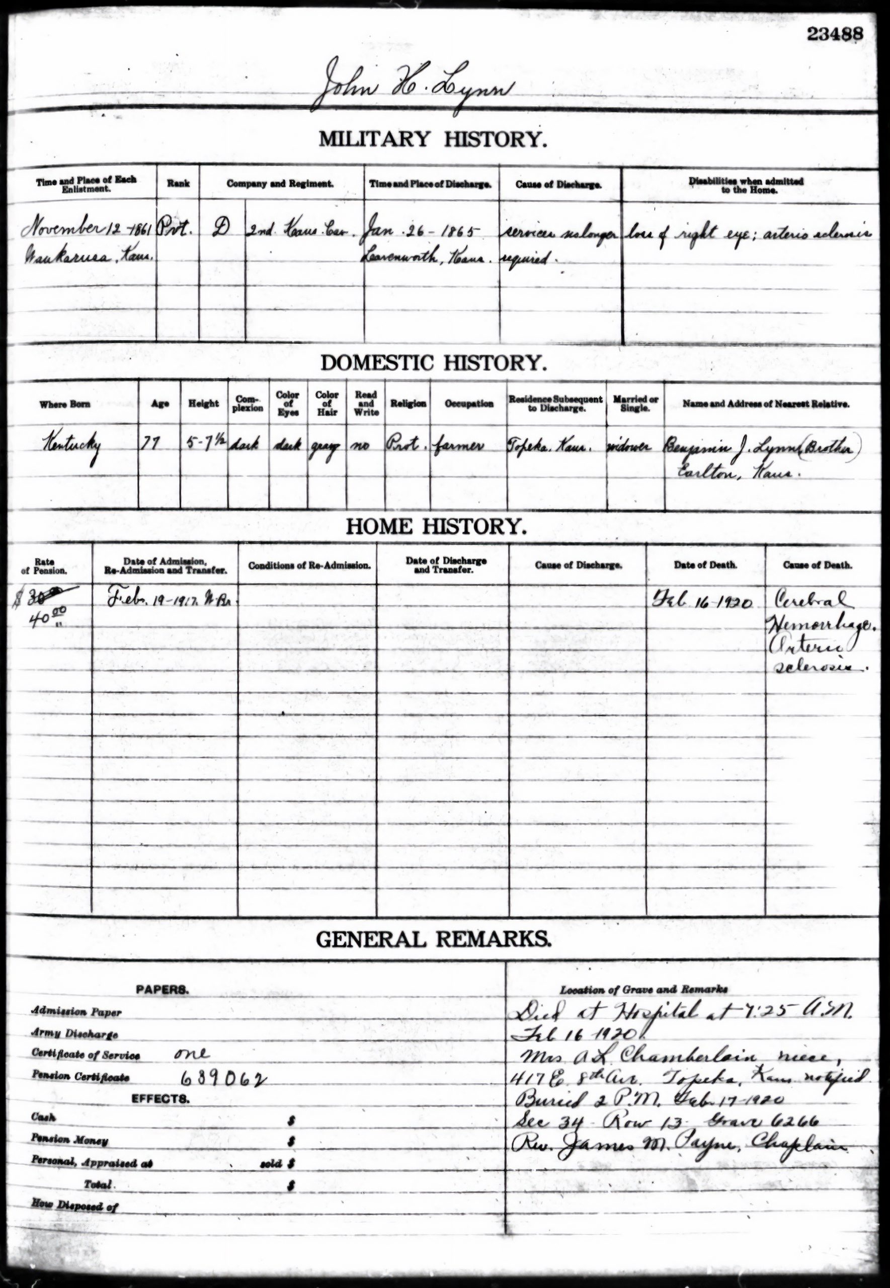 U.S., National Homes for Disabled Volunteer Soldiers, 1866-1938 for John H Lynn