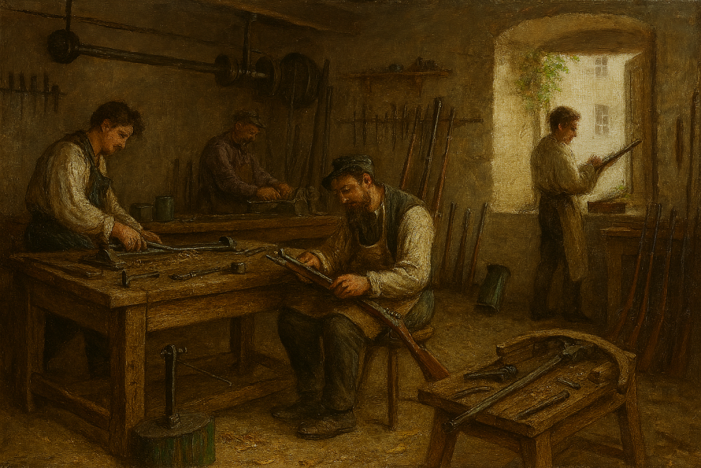 A commissioned illustration recreating a 19th-century Saint-Étienne gunsmith workshop, showing craftsmen working at benches with hand tools and a barrel-forging vise. The scene evokes the traditional techniques and setting used during the era of Lefaucheux firearms production.