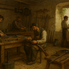 A commissioned illustration recreating a 19th-century Saint-Étienne gunsmith workshop, showing craftsmen working at benches with hand tools and a barrel-forging vise. The scene evokes the traditional techniques and setting used during the era of Lefaucheux firearms production.