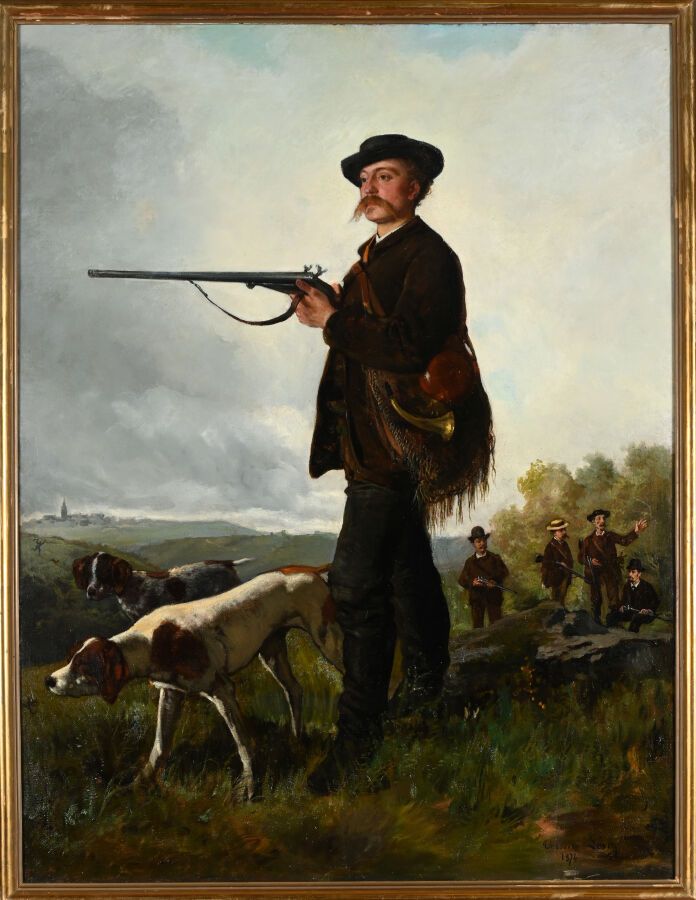 Théodore Levigne, Les chasseurs, 1874. Oil on canvas. A rare painted record of Lefaucheux technology embedded in everyday hunting life.