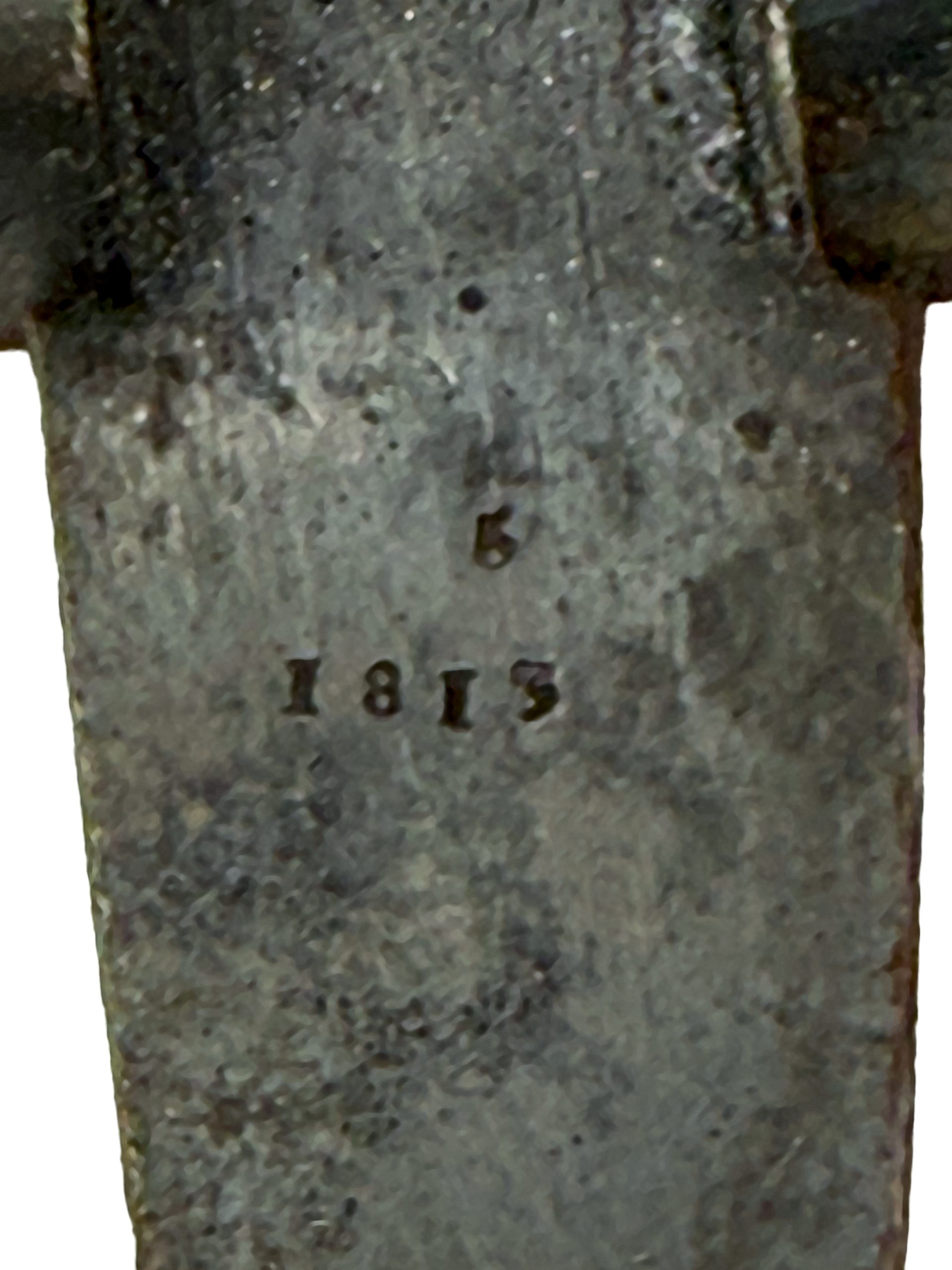 The concealed interior surface of the frame is stamped with the assembly number 5 above the date 1813. A matching 5 beneath the barrel identifies the barrel and frame as fitted components of the same pistol.