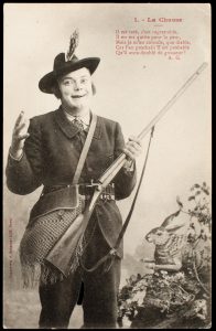 Comic French postcard showing a grinning male hunter with a side-by-side pinfire shotgun, game bag, cartridge belt, and rabbit prop.