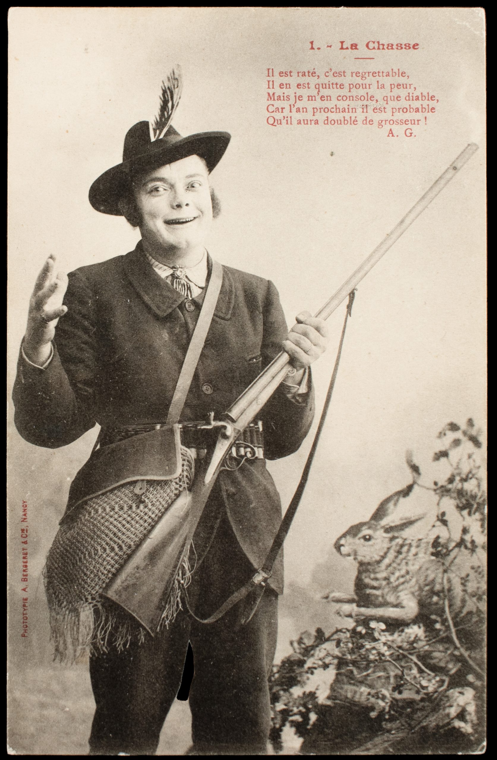 Comic French postcard showing a grinning male hunter with a side-by-side pinfire shotgun, game bag, cartridge belt, and rabbit prop.