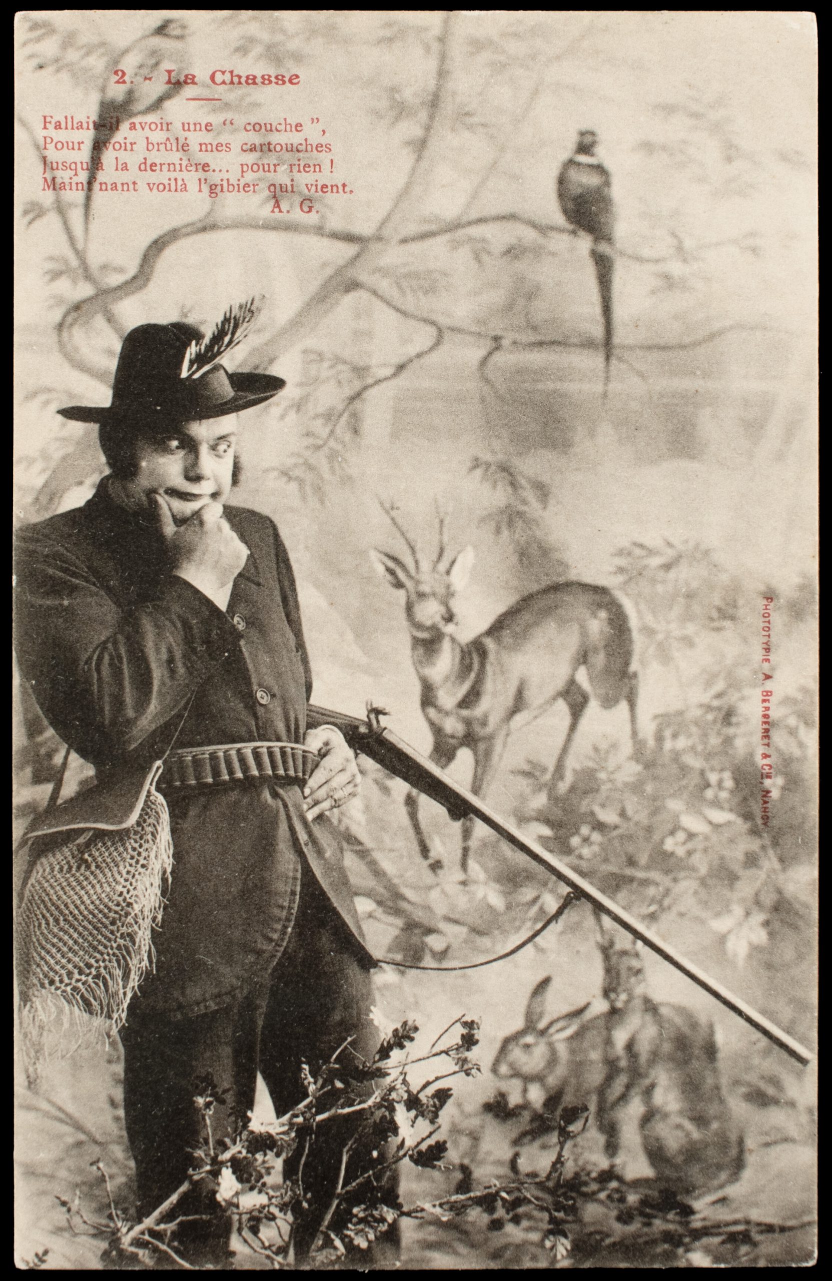 Comic French postcard showing a worried male hunter, pinfire shotgun, cartridge belt, and staged woodland animals.