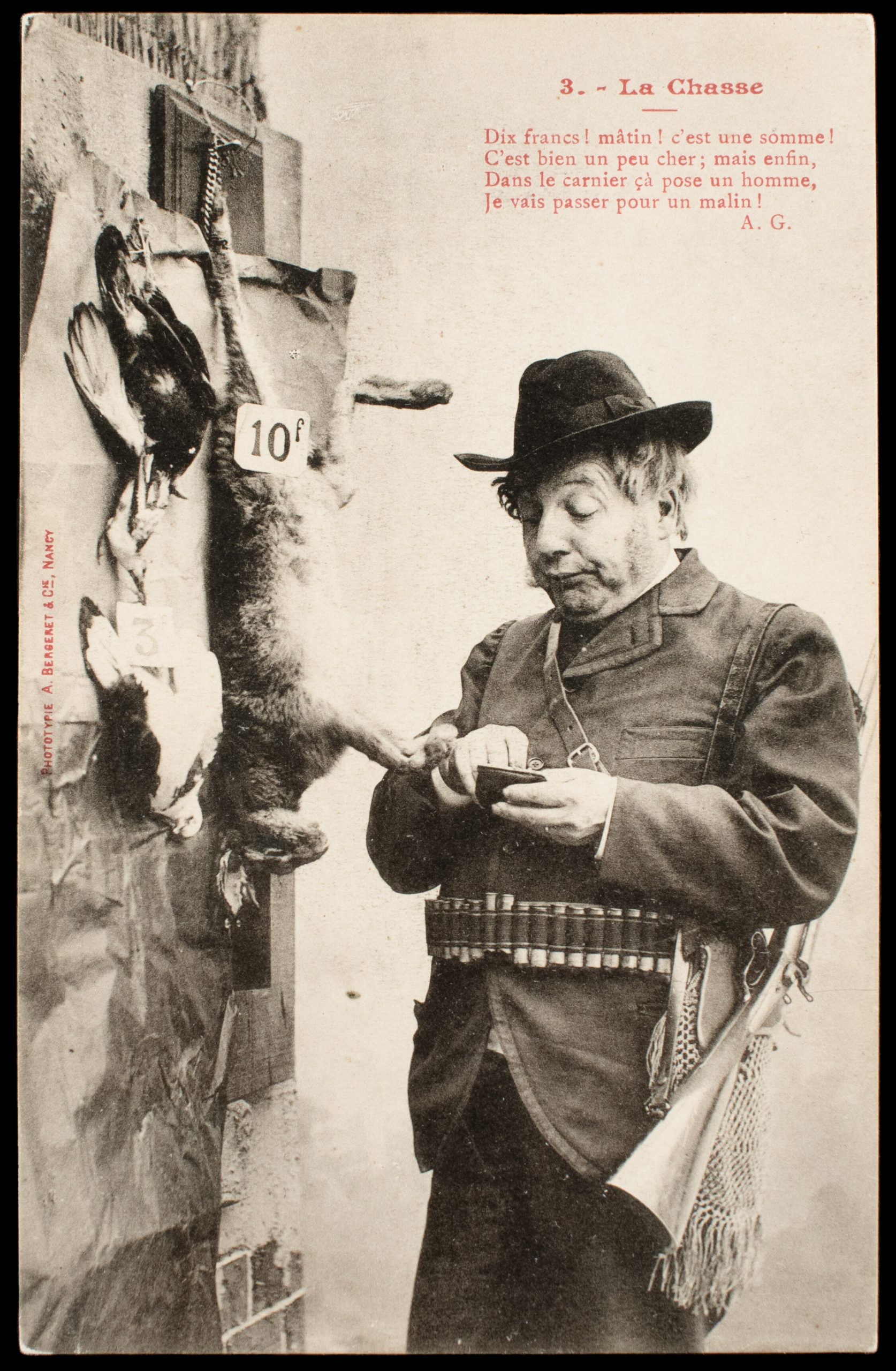 Comic French postcard showing a male hunter paying for hanging game beside a 10-franc price sign, with shotgun and cartridge belt.