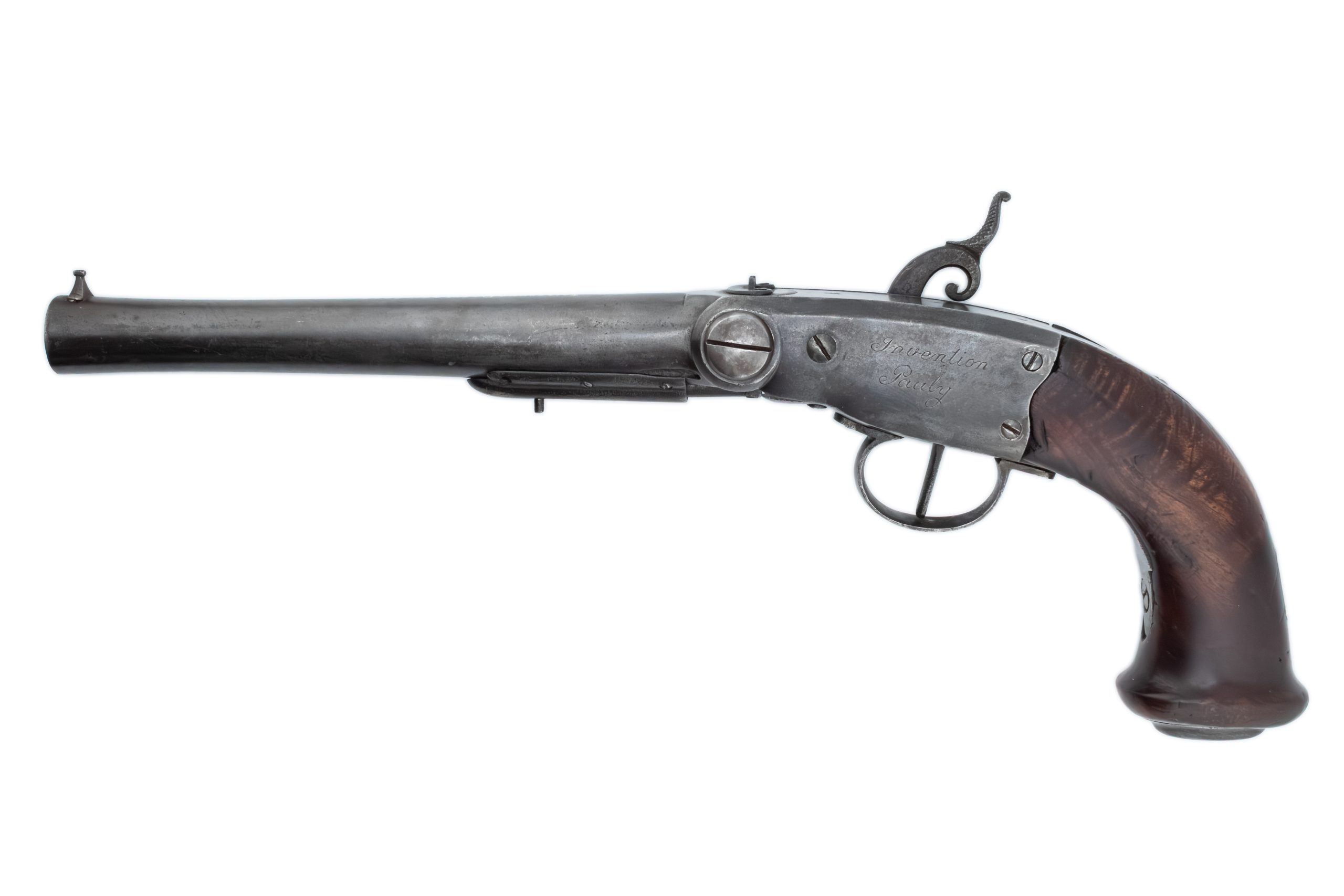 Left profile of Pauly pistol No. 5. The barrel rotates around the large transverse pivot at the front of the action, exposing its chamber for breechloading.