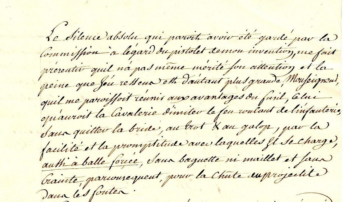 Pauly’s discussion of his pistol in the letter of February 8, 1813. He interpreted the commission’s “absolute silence” as evidence that the pistol had received no attention and argued that its rapid loading without a ramrod or mallet made it particularly suitable for cavalry.
