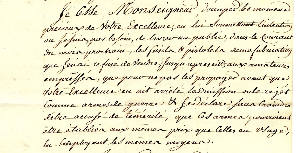 Pauly announces that necessity has led him to offer rifles and pistols of his manufacture to the public during the following month. Because the letter is dated February 8, 1813, this indicates his intention to begin public sales in March 1813.