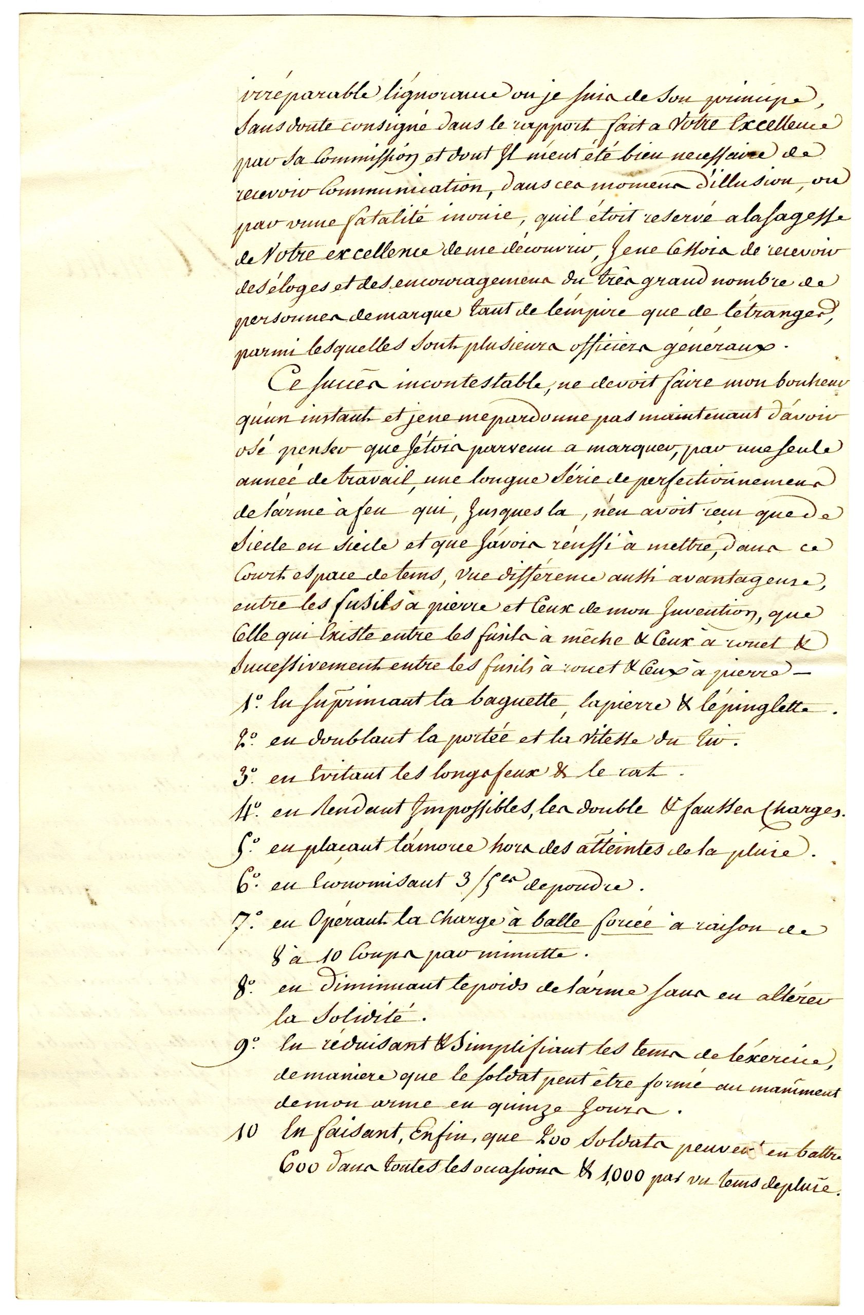 Page 2 of Pauly’s letter, listing ten advantages that he claimed for his firearms. These included faster loading, greater range, protected ignition, reduced powder consumption, and the elimination of the ramrod.