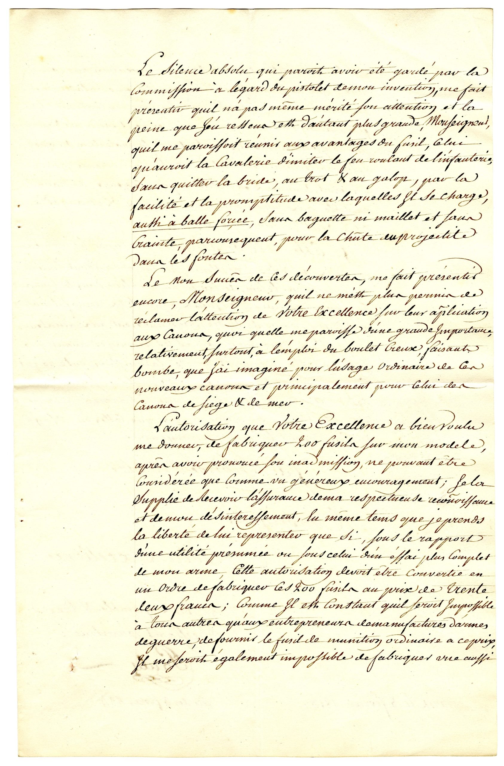 Page 3 of Pauly’s letter. He complains of the commission’s “absolute silence” concerning his pistol, explains its intended advantages for cavalry, and discusses the proposed manufacture of 200 military arms.