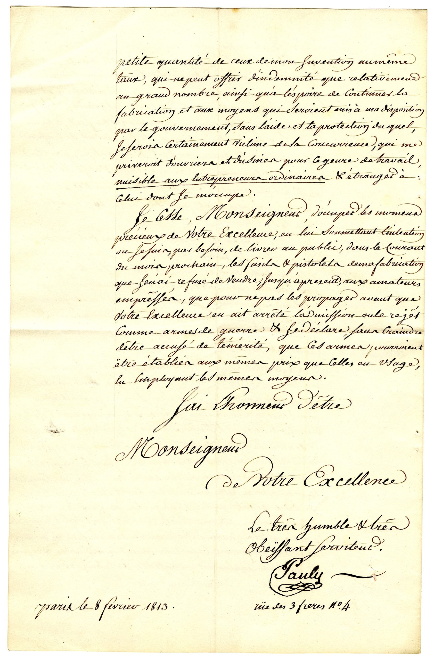 Page 4 of Pauly’s letter. Pauly describes the economic difficulties of limited production and announces that he intends to offer rifles and pistols of his manufacture to the public during the following month. The page bears his signature and Paris address.