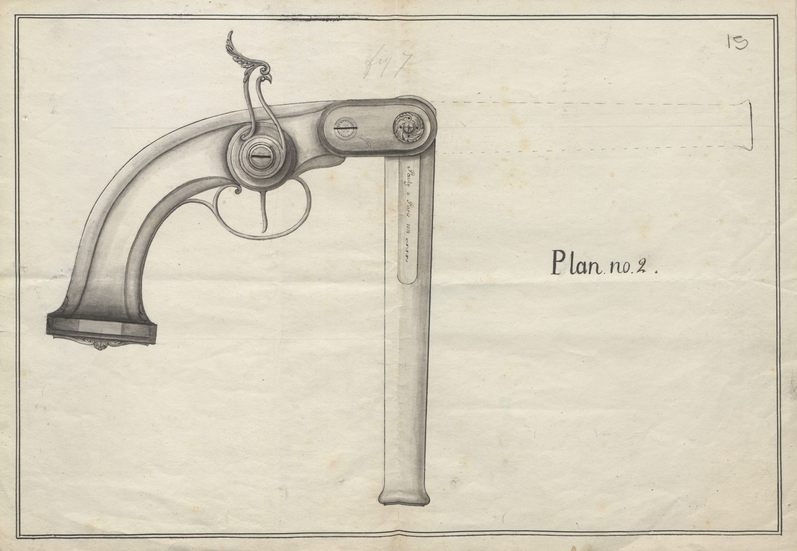 Plan no. 2 from Pauly's patent of September 29, 1812. The pistol is shown with its barrel rotated downward, while the dotted outline indicates its closed position. The surviving description does not explain how the barrel was locked for firing.