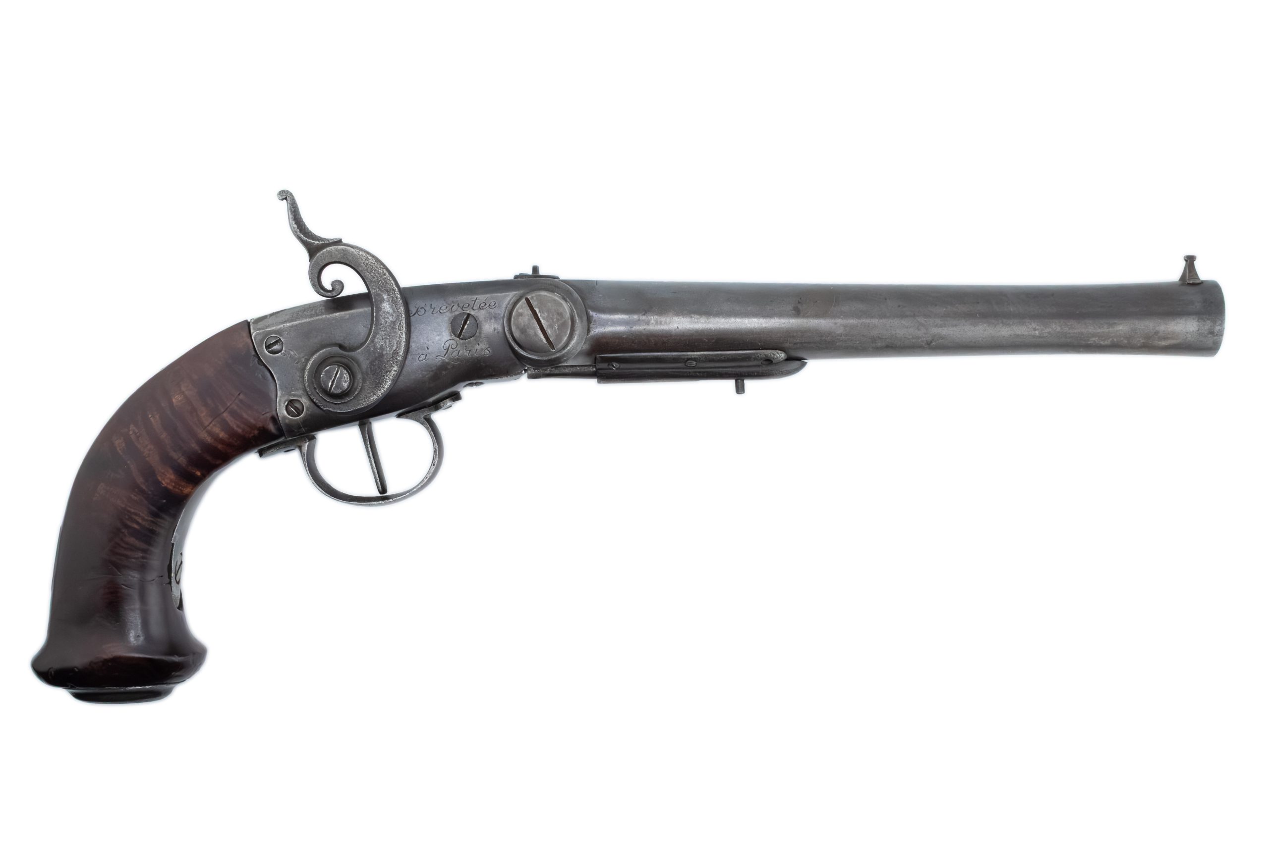 Right profile of Pauly pistol No. 5. The barrel rotates around the large transverse pivot at the front of the action, exposing its chamber for breechloading.