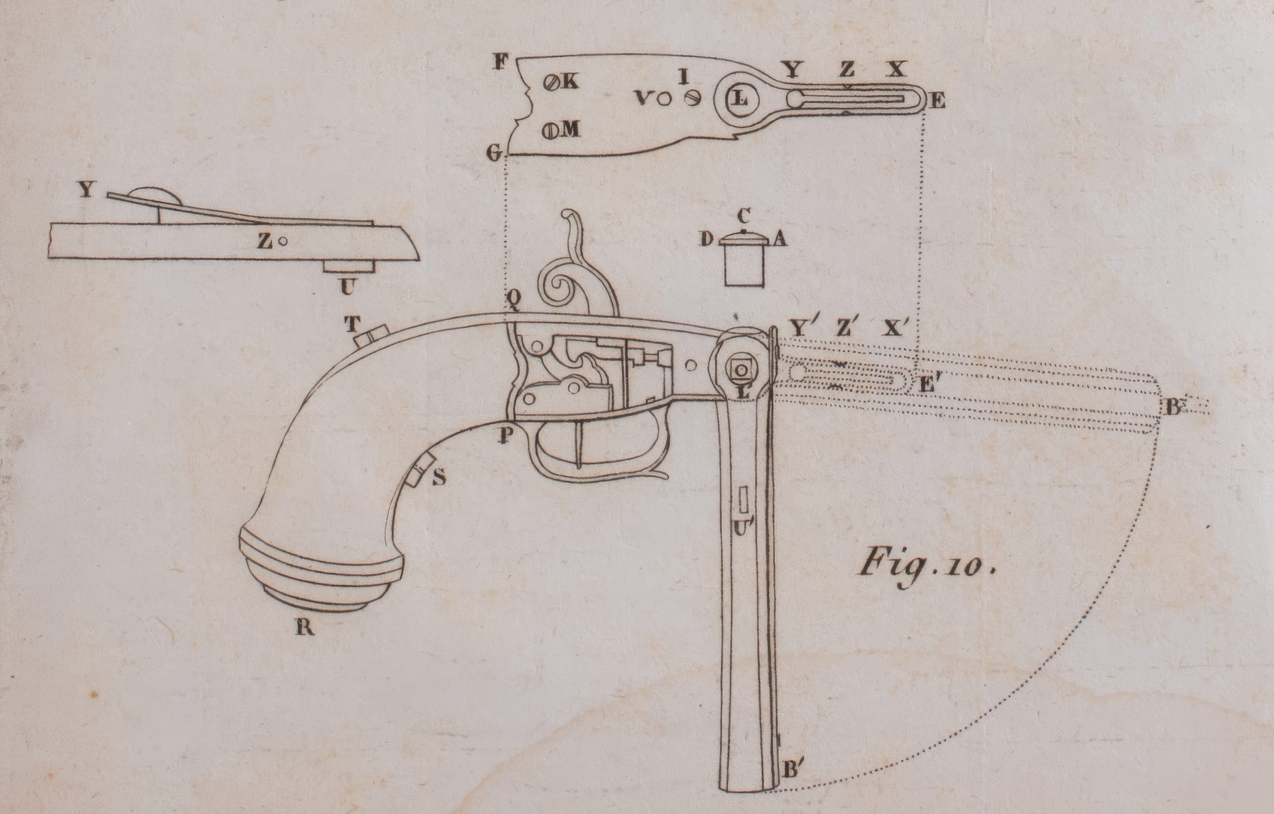 Pistol drawing from Des fusils de chasse, et principalement des fusils a pistons de l'invention Pauly by Henri Roux
