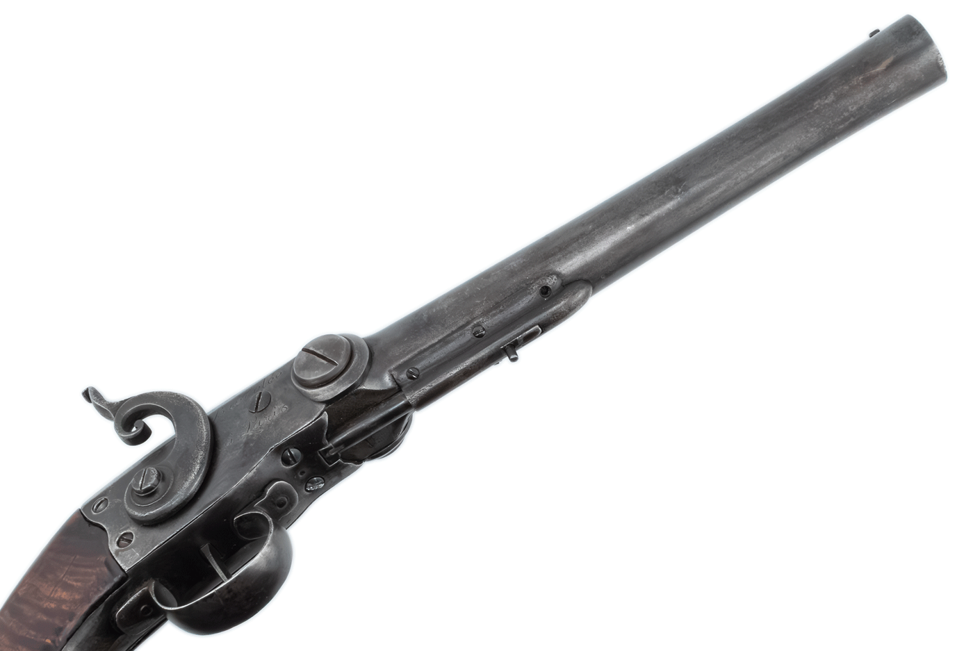 The longitudinal lock beneath the barrel in its secured and released positions. This is the only Pauly pistol encountered by the author with this arrangement. The 1812 patent does not explain it, and later documented pistols use a side-mounted spring catch.