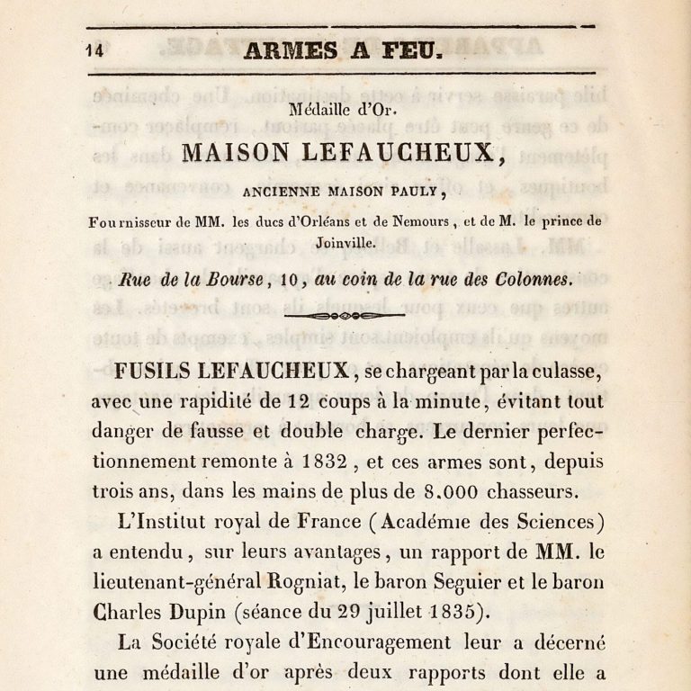Promotional Document for Maison Lefaucheux Firearms - 1837