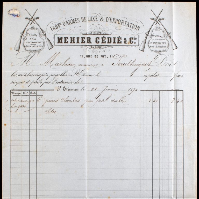 Mehier Cédie & Cie – 1870 Invoice and Letter for Lefaucheux-Type Double Barrel Shotgun